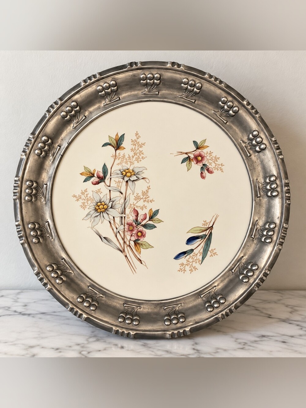 Floral Ceramic Serving Platter 10" Embossed Grape Metal Rim Botanical Tray